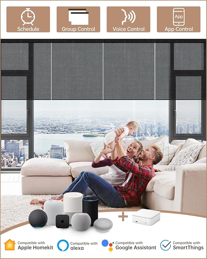 Kincmo Motorized Blinds with Remote, Light Filtering Roller Shades Work with Apple Homekit,Alexa,Google Home, Custom Electric Blinds with App,Voice Control (50% Blackout Eclipse Shadow Black)