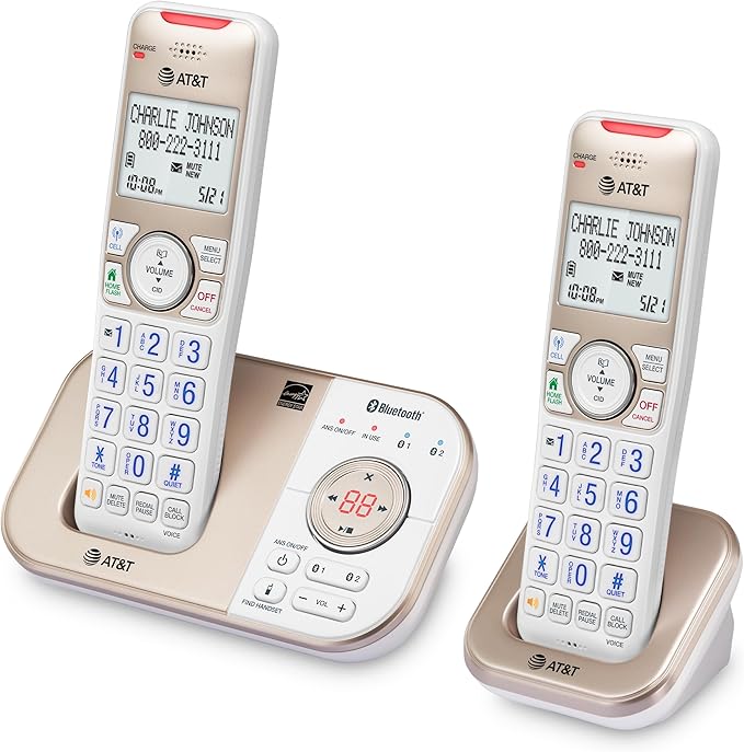 AT&T BL3112-2 2-Handset DECT 6.0 Cordless Phone for Home with Bluetooth Connect to Cell, Smart Call Blocker, Answering Machine, Caller ID, Expandable up to 5 Handsets, Champagne Gold/White