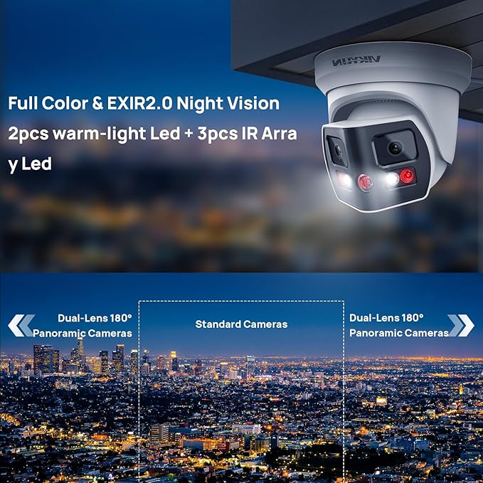 VIKYLIN 4K 8MP Dual Lens Poe IP Security Camera Outdoor with 180° Panoramic Wide Angle, Full Color/EXIR2.0 Night Vision,Human/Vehicle Detection,2-Way Talk, Micro SD(512G),IP67,Blue Iris,NDAA Compliant