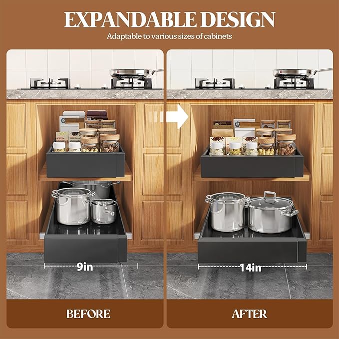 Seinloes 4 Pack Expandable Pull Out Cabinet Organizer 21"Deep With Raising Pad for Framed Cabinets,Upgrade 3 Slide Rails Slide Out Drawers,No Drill Roll Out Shelves,Adjustable Width 9"-14" Black