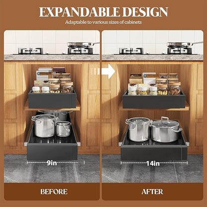Seinloes 4 Pack Expandable Pull Out Cabinet Organizer 21"Deep With Raising Pad for Framed Cabinets,Upgrade 3 Slide Rails Slide Out Drawers,No Drill Roll Out Shelves,Adjustable Width 9"-14" Black