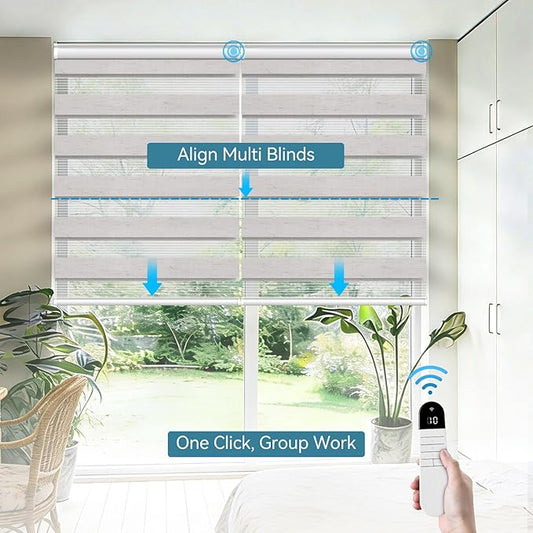 Interior Window Shades, Smart Dual Layer Light Filtering Blinds Compatible with Alexa & Google Home, Customized Size Cordless Electric Window Shades, (Linen White, 55% Blackout)