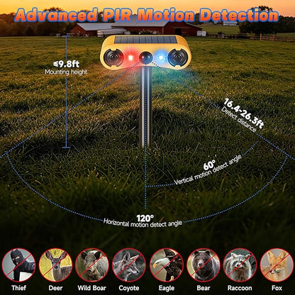 Solar Motion Sensor Alarm Outdoor, Red & Blue LED Strobe Light with 130dB Dual Speakers, 13 Loud Sounds Dog Barking & Siren, Continuous Loop Playback, 4 Modes for Deer Bear Coyote Fox Deterrent