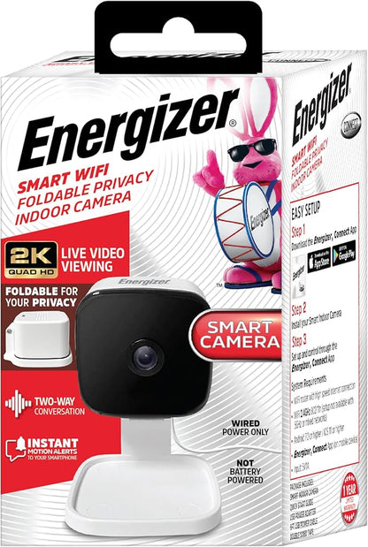 Energizer Smart 2K QHD Security Camera, Wired Indoor 2.4Ghz Wi-Fi Camera, 2-Way Audio, Night Vision, Motion Detection & Instant Alerts, App Control, Cloud & Micro SD Storage, Foldable for Privacy