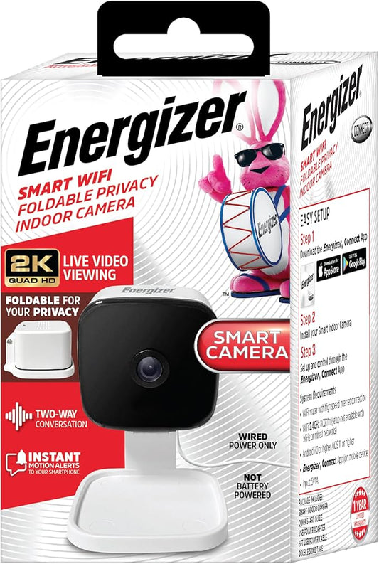 Energizer Smart 2K QHD Security Camera, Wired Indoor 2.4Ghz Wi-Fi Camera, 2-Way Audio, Night Vision, Motion Detection & Instant Alerts, App Control, Cloud & Micro SD Storage, Foldable for Privacy