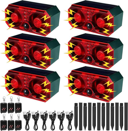 Qualirey 6 Pcs Solar Outdoor Motion Sensor Alarm with Stake Animal Deterrent Dog Barking Sensor 13 Sound 130dB Loud Noise Maker 4 Mode with USB Remote Control Support Recording Volume Adjustment