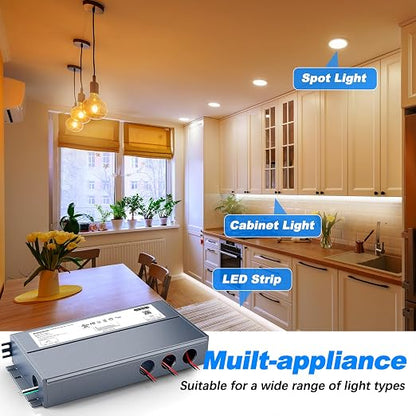 180W 12V Dimmable LED Driver, Triac/ELV/MLV AC to DC Power Supply for LED Light, Halogen Bulb, LED Transformer Compatible with Lutron & Dimmer, for Indoor/Outdoor Use