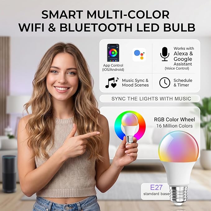 9W E27 RGBCC Smart Light Bulbs, 2.4G WiFi Bluetooth 800LM Color Temperature Changing LED Bulb with Alexa Google Assistant for Bedroom Parties Decoration, Voice Control Compatible, 2 PCS