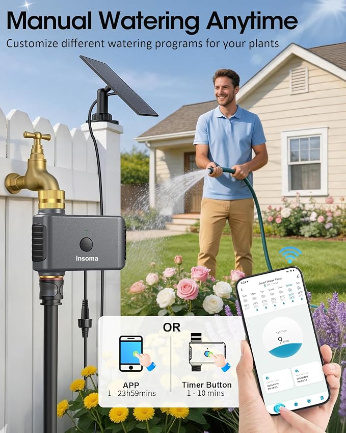 Insoma Solar WiFi Water Timer for Garden, 365-Day Power, Brass Inlet&Outlet | Solar Panel+Type-C Dual Power, APP&Voice Control, Alexa/Google Compatible, Rain Delay+Manual Mode, WiFi Direct, 2.4GHz, IPX6