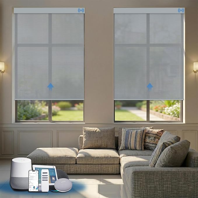 Motorized Solar Shades, Light Filtering Smart Blinds for Windows Automatic Blinds Compatible with Alexa, Falme Resistant Roller Shades Customized for Office Living Room (5% Openness Grey)
