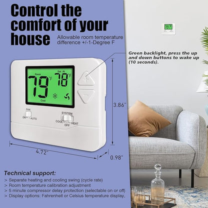 Heagstat Non-Programmable Thermostats for Home Conventional Single-Stage Systems, up to 1 Heat/ 1 Cool (with Green Backlight)