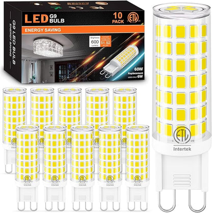 10-Pack G9 LED Bulbs 4000k Natural Daylight White, 6W 60W Equivalent, 600LM Warm White T4 Crystal Chandelier Lights, G9 Bi-Pin Ceramic Base, Non-Dimmable