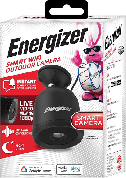 Energizer Smart Outdoor 1080P Security Camera with 2-Way Audio, Night Vision, Instant Alerts, Cloud Storage, Remote Access, Voice Control Compatible with Alexa & Google Assistant, Black