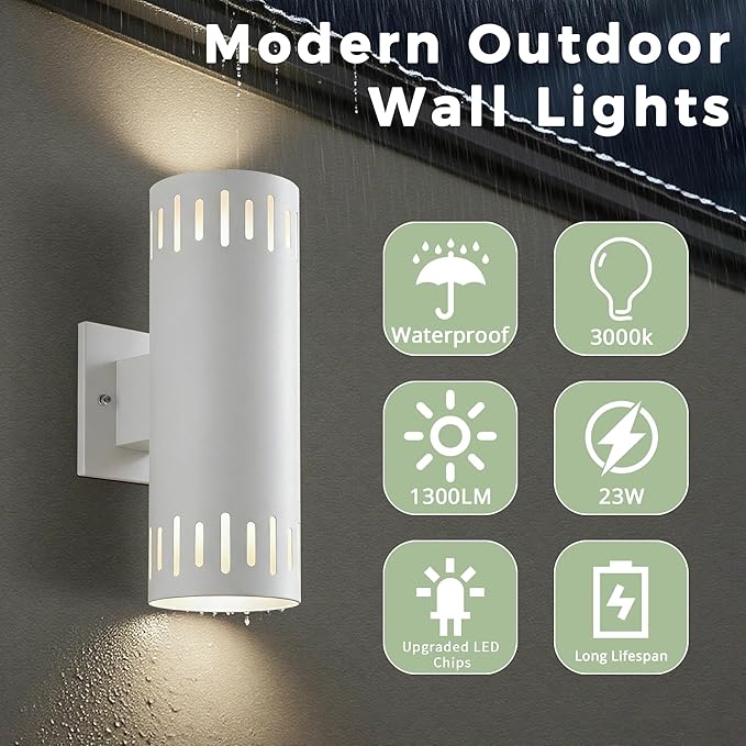 Modern Outdoor Wall Lights, 12'' Up and Down LED Cylinder Wall Mount Fixture, 23W 3000K Warm White IP65Waterproof Exterior Wall Sconces for Porch, House, Garage, Patio, White