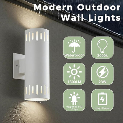 Modern Outdoor Wall Lights, 12'' Up and Down LED Cylinder Wall Mount Fixture, 23W 3000K Warm White IP65Waterproof Exterior Wall Sconces for Porch, House, Garage, Patio, White