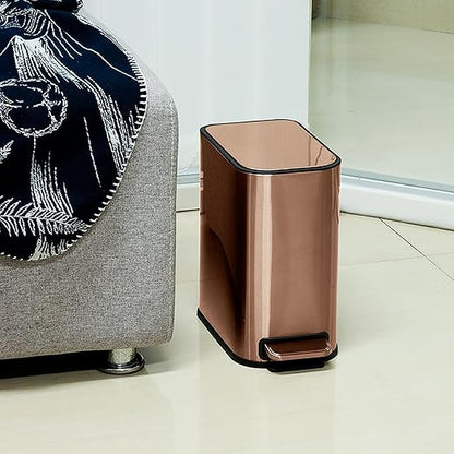 RED FACTOR Slim Small 1.3 Gallon Stainless Steel Pedal Trash Can with Soft Close Lid for Narrow Spaces – Wastebasket Bin with Removable Inner Bucket for Bathroom, Kitchen, Bedroom, or Office (Copper)