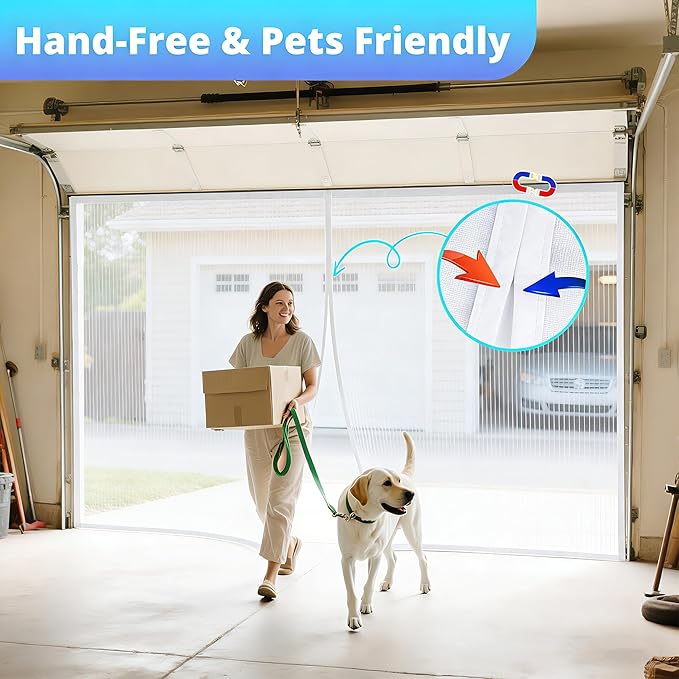 FEGO White Garage Door Screen for 1 Car 8x7FT, Magnetic Screen Doors with Retractable Fiberglass Mesh and Heavy Duty Weighted Bottom, Easy Assembly & Pass, Hands Free Screen Door for Entry Door