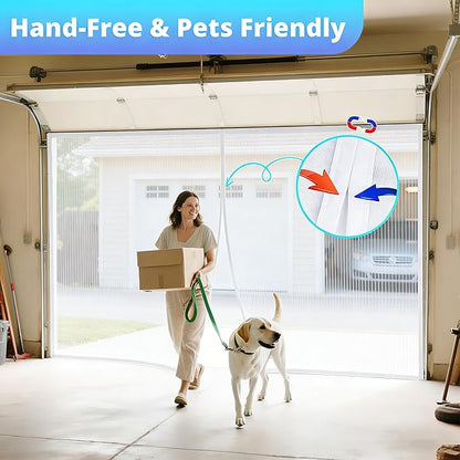 FEGO White Garage Door Screen for 1 Car 9x8FT, Magnetic Screen Doors with Retractable Fiberglass Mesh and Heavy Duty Weighted Bottom, Easy Assembly & Pass, Hands Free Screen Door for Entry Door