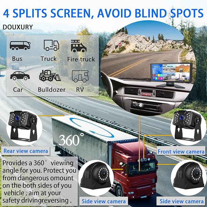 RV Backup Camera for RV Truck Semi Truck Trailer, 4K 10.36" Touch Monitor with Recording DVR MP5 Bluetooth Adjustable Parking Assist Line & Four 1080P AHD IP69 Waterproof Rear Side View Backup Cameras