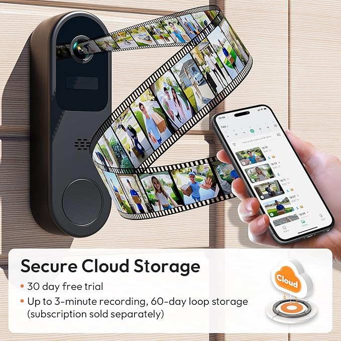 2K HD Battery Doorbell Camera Wireless with Ring Chime, Smart Video Doorbell with Two-Way Talk, Secure Cloud Storage, AI Detection and Instant Alerts, Night Vision, Compatible with Alexa