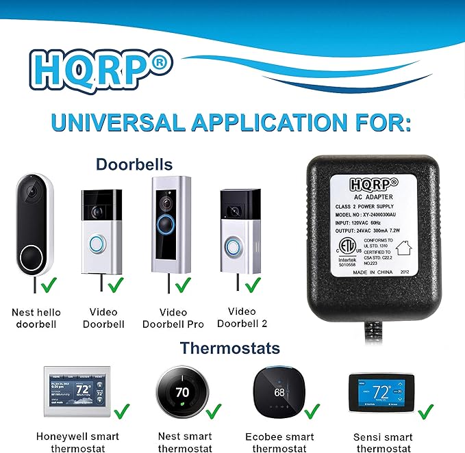 HQRP 24V AC Adapter Transformer Compatible with Ecobee Google Nest Honeywell Emerson Ecobee4 Smart WiFi Thermostat, Wyze Ring Blink Video Doorbell C-Wire, 25ft Cable, ETL Listed