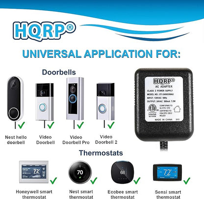 HQRP 24V AC Adapter Transformer Compatible with Ecobee Google Nest Honeywell Emerson Ecobee4 Smart WiFi Thermostat, Wyze Ring Blink Video Doorbell C-Wire, 25ft Cable, ETL Listed
