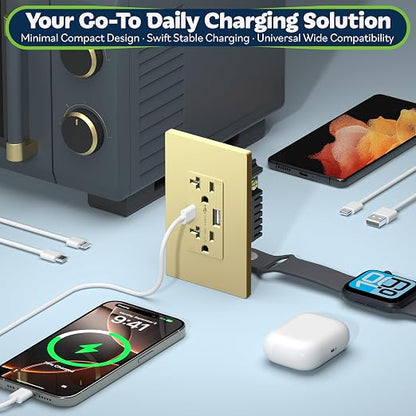 TOPGREENER 2-Port USB Outlets, 4.2A Type A&C USB Wall Outlet, Gold, 2 Pack | UL Listed, 20 Amp Tamper Resistant Receptacle, USB Outlets Receptacles, Charging Power Outlet, Wall Plate Included