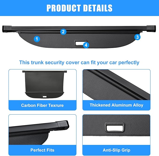 AUXKO Retractable Cargo Cover for Hyundai Palisade 2026 with 4PCS Headrest Hooks, Trunk Cargo Cover Luggage Security Shade Cover Shielding Shade Anti-Peeping Luggage Privacy Screen, Carbon Fiber