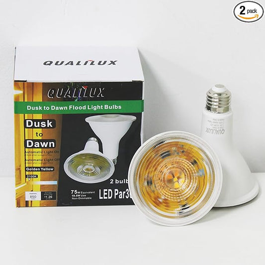 Qualilux PAR30 Dusk to Dawn LED Yellow Light Bulbs, 2100K Golden Yellow Light, 75W Equivalent, 850LM, Auto On/Off Light Sensing Flood Light Outdoor Bulb, 10.5W, 2 Pack, E26 Base, Non-Dimmable, HQ-H051