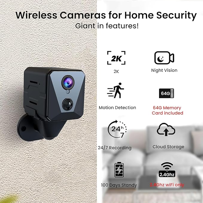 Funstorm Security Camera, 2K WiFi Indoor Camera with 64G SD Card, 100 Days Standby Battery Life, Clear Night Vision, AI Motion Detection, Real-Time Record Security Wireless Surveillance Camera
