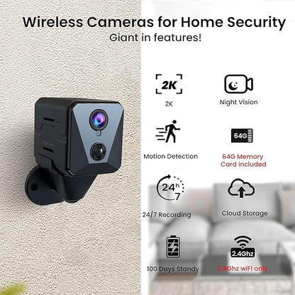Funstorm Security Camera, 2K WiFi Indoor Camera with 64G SD Card, 100 Days Standby Battery Life, Clear Night Vision, AI Motion Detection, Real-Time Record Security Wireless Surveillance Camera