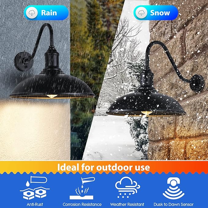 Dusk to Dawn Exterior Farmhouse Lighting 18" Diameter Barn Light Fixture for House with Anti-ponding Bottom, Barn Gooseneck Lighting for Garage Patio Porch (18" Diameter, 1 PC)