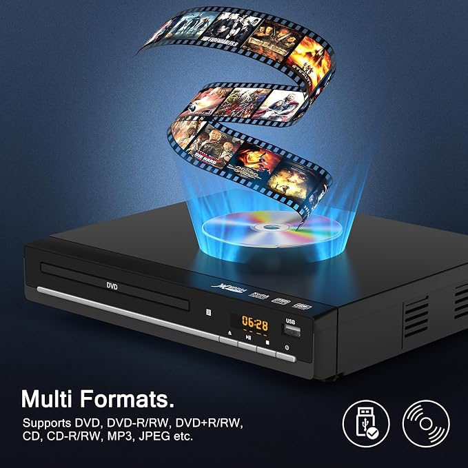 DVD Players for TV with HDMI,Plays All Regions and Formats,CD Player for Home,Support 1080P Video/CD/DVD/VCD/JPEG/USB, Remote, HDMI and RCA Cables Included