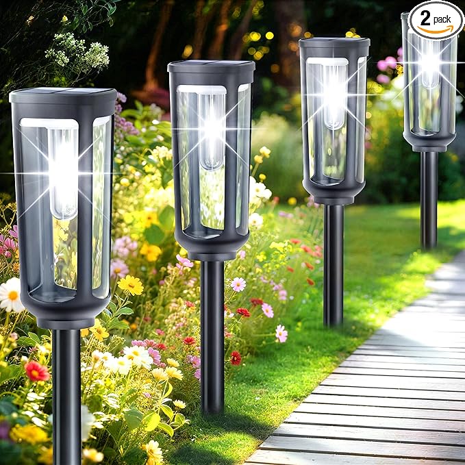 Solar Pathway Lights Outdoor Waterproof IP65, 2 Pack Cool White Solar Walkway Lights, Auto On/Off Outdoor Light for Lawn Garden Patio Driveway Decor Landscape Lighting
