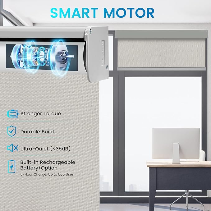 Motorized 100% Blackout Roller Shades – Custom Smart Blinds with Remote Control, Rechargeable Battery or Plug-in Motor, Tuya WiFi Optional, Home & Office Automatic Window Shades (Khaki/CH9392)
