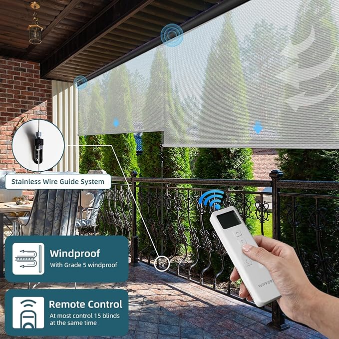 Motorized Outdoor Roller Shades,Patio Roll Up Blind Work with Alexa,Google Home,Apple Homekit,Remote Control Sun Shade,Waterproof &Windproof Smart Blinds for Porch,Sirus White,3% openess