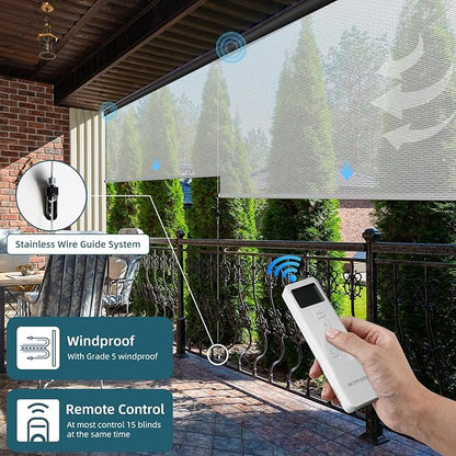 Motorized Outdoor Roller Shades,Patio Roll Up Blind Work with Alexa,Google Home,Apple Homekit,Remote Control Sun Shade,Waterproof &Windproof Smart Blinds for Porch,Sirus White,1% openess