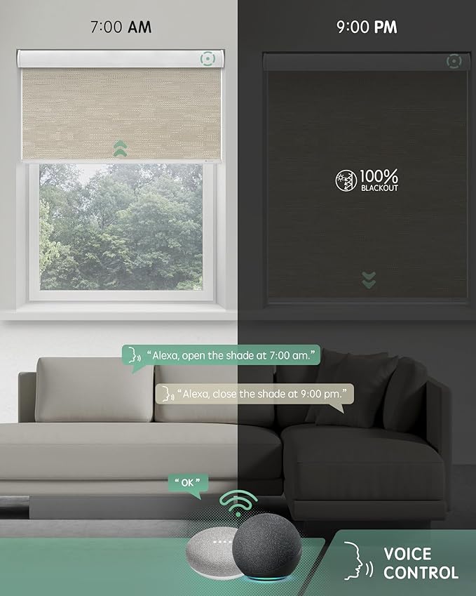 Yoolax Motorized Blinds with Remote, 100% Blackout Smart Blinds for Bedroom Home Office, Automatic Roller Window Shades Work with Alexa Voice Control, with Valance (Jacquard Coffee, 48" W x 72" H)