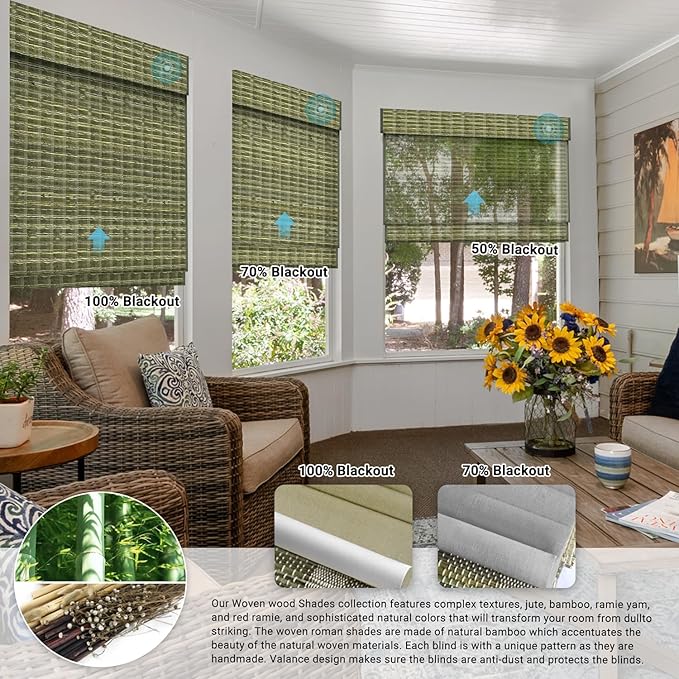 SmartWings Motorized Wood Blinds for Windows Work with Matter Homekit Zigbee Alexa Z-Wave, Smart Wooven Shades Blackout/Light fitlering, Electric Roman Shades with Remote, Customized, Bamboo Jute 922