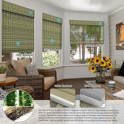 SmartWings Motorized Wood Blinds for Windows Work with Matter Homekit Zigbee Alexa Z-Wave, Smart Wooven Shades Blackout/Light fitlering, Electric Roman Shades with Remote, Customized, Bamboo Jute 922
