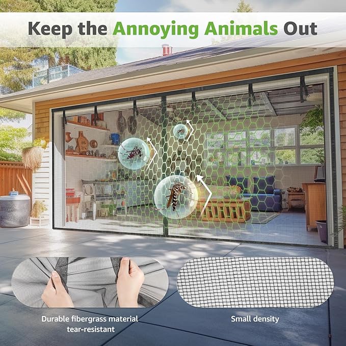 Garage Door Screen for 1 Car, 2 Car Garage, Magnetic Closure Heavy Duty Weighted Bottom Fiberglass Mesh Keep Annoying Animal Out (Black, 16 ft x 9 ft)