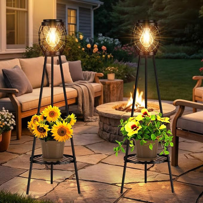 MXwcy 2 Pack Solar Lights Outdoor with LED Edison Bulbs, Vintage Style Solar Floor Lamp with Plant Stands, Weatherproof Garden Lights for Pathway, Patio, Yard, Porch Decor 8-10 Hours Lighting