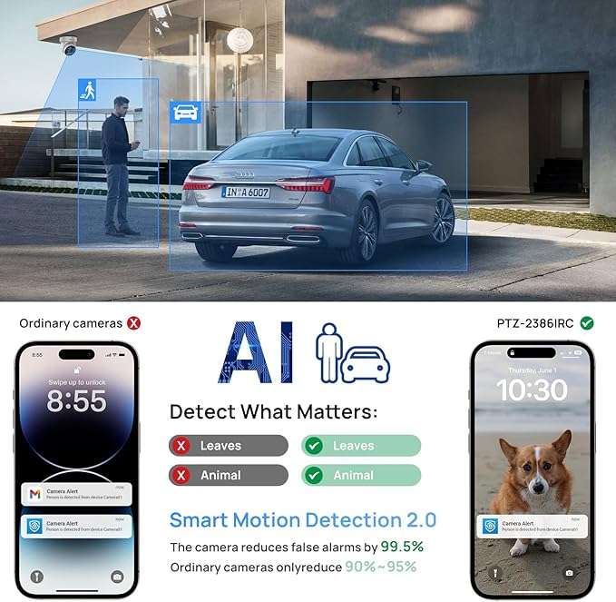 PANOEAGLE 4K AI IP POE PTZ Camera, 8MP PTZ Security Camera Outdoor,5X Optical Zoom 2.7~13.5mm Lens, 2-Way Audio, Smart Human/Vehicle Detection, Spotlight Color Night Vision,SD(512GB), IP67