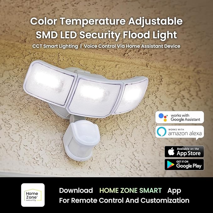 Home Zone Security Smart Flood Lights 3500 Lumens, 5000K Super Bright Security Light, 3 Adjustable Heads, Remote Control from App, Weather Resistant, Motion Sensor, Adjustable Color Temperature