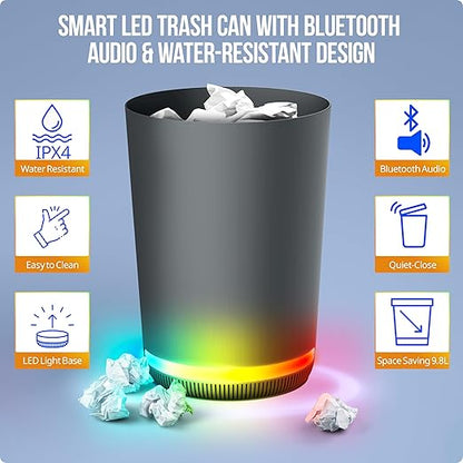 MVMT Trash Can with LED Light-Up Wireless Speaker - 9.8L (2.6 Gal) Smart Trash Bin, Bluetooth 360 Sound, Multi-Color LED Base, IPX4 Water-Resistant, FM Radio, Rechargeable Battery, Space-Saving Design