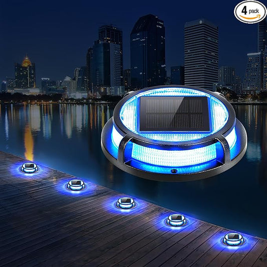LUTEC 4 Pack Solar Deck Lights Driveway Dock 12 LEDs Light Solar Powered Outdoor Waterproof Road Markers for Step Sidewalk Stair Garden Ground Pathway Yard (Blue)