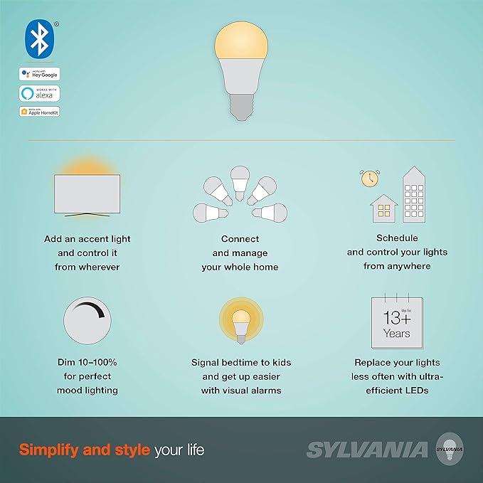 LEDVANCE Sylvania Smart+ Bluetooth Soft White A19 LED Bulb, Compatible with Alexa, Apple HomeKit and Google Assistant, 1 Pack