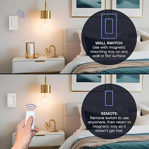 RunLessWire Single Pole Detachable Battery-Free Wireless Light Switch Kit 150ft RF Range for DIY Home Electrical Projects: 1 Removable Magnetic Remote Switch Controls 1 5A On/Off Receiver - White