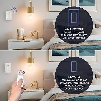 RunLessWire Single Pole Detachable Battery-Free Wireless Light Switch Kit 150ft RF Range for DIY Home Electrical Projects: 1 Removable Magnetic Remote Switch Controls 1 5A On/Off Receiver - White