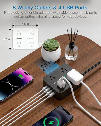Power Strip Surge Protector, Extension Cord with 8 Widely Spaced AC Outlets